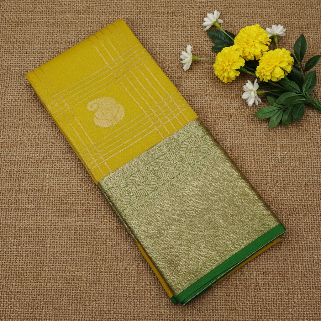 Pale Yellowish Green Colour with Green blouse n pallu Premium Silk Cotton Saree