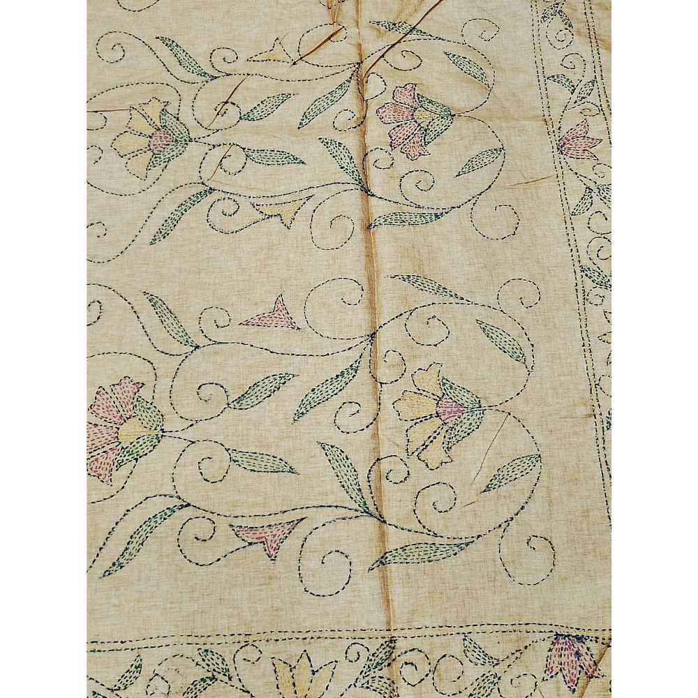Mustard Yellow colour Kantha Work Tusser Saree