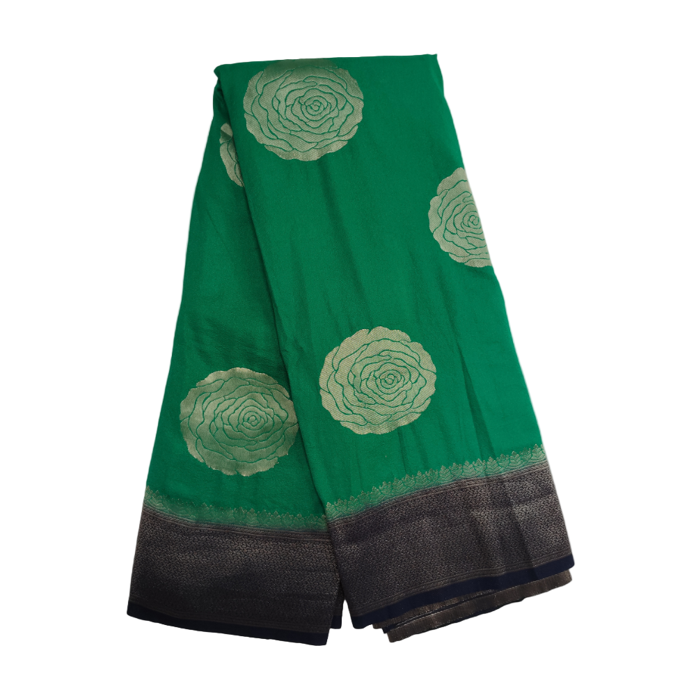 Green with navy blue border pearl viscose sarees with floral motifs