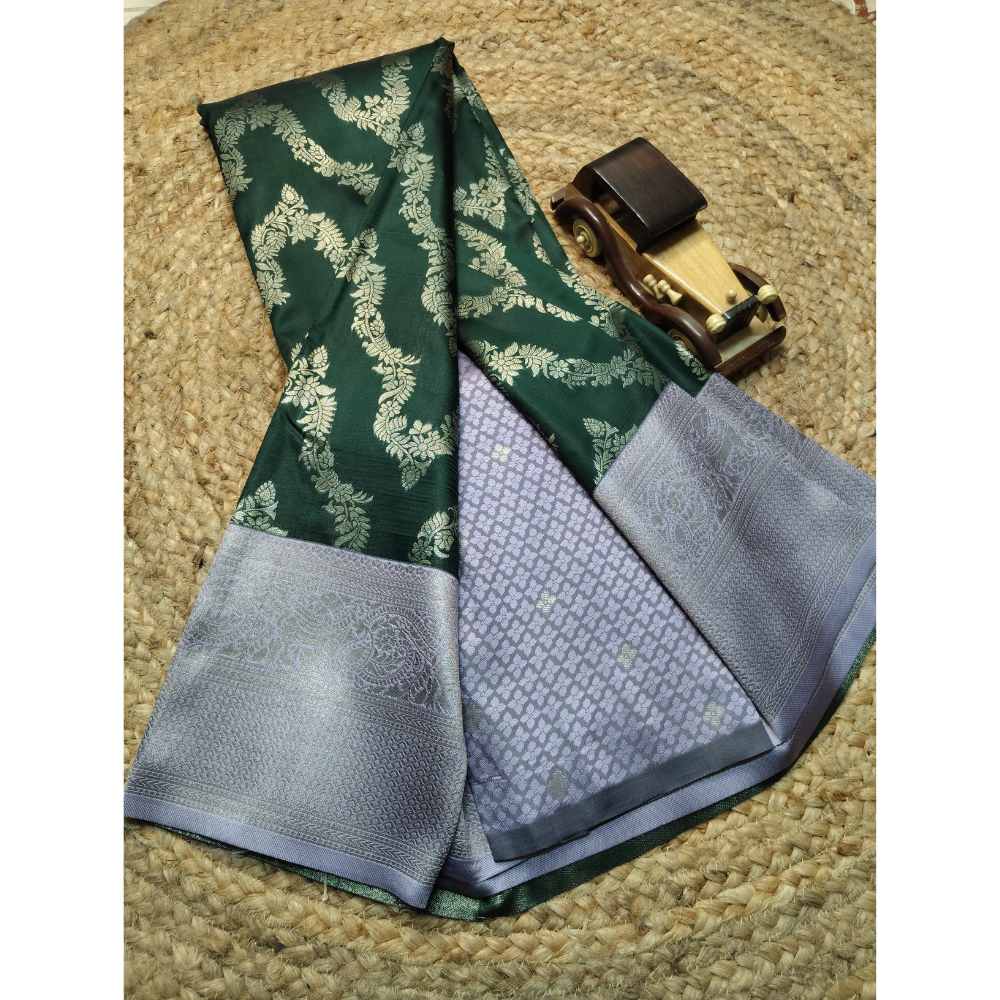 Trending Dark Green Necklace Saree With Contrast Lilac Brocade Pallu n Blouse