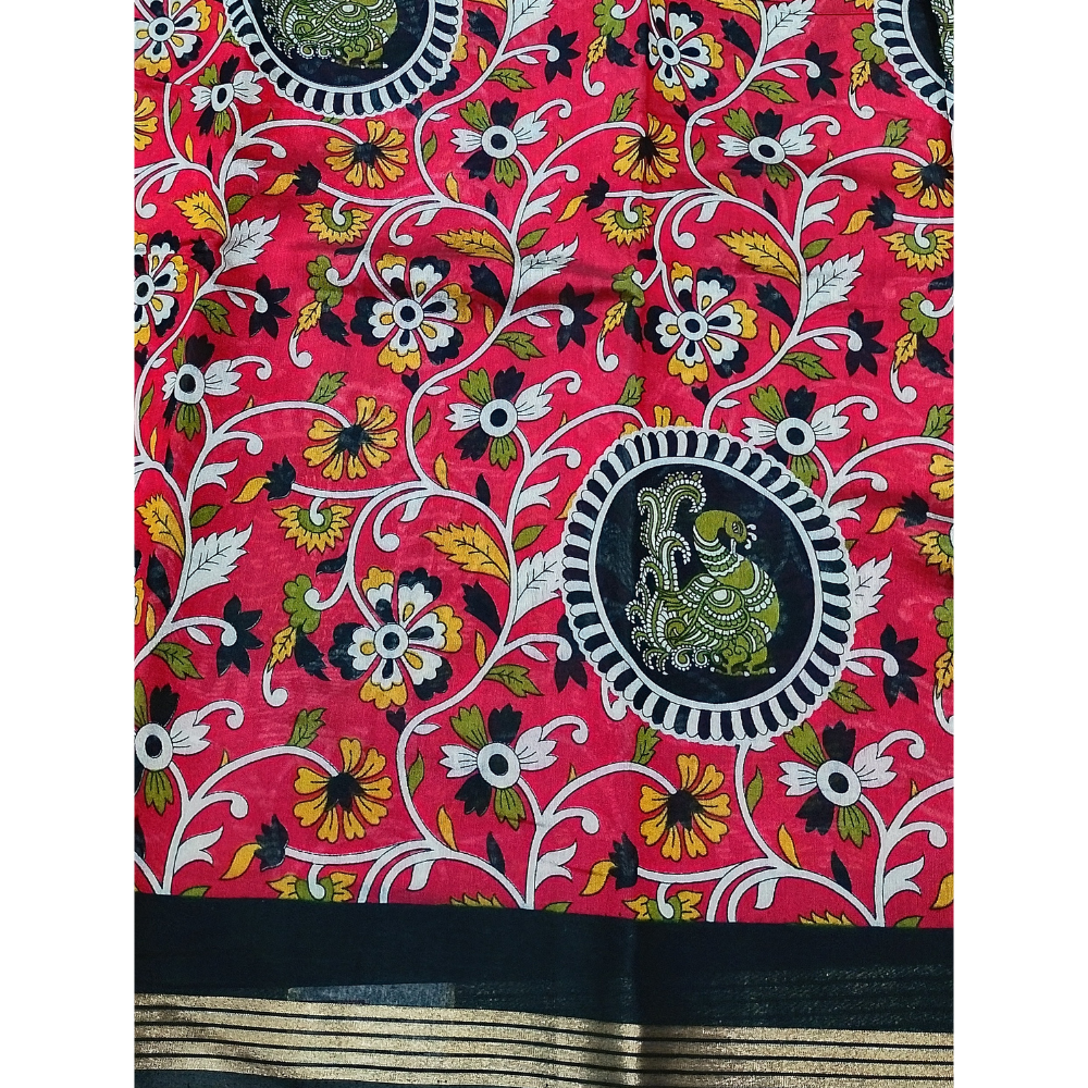 Bright Pink Saree with Red Blouse N Pallu Kalamkari Designs Linen Cotton Saree