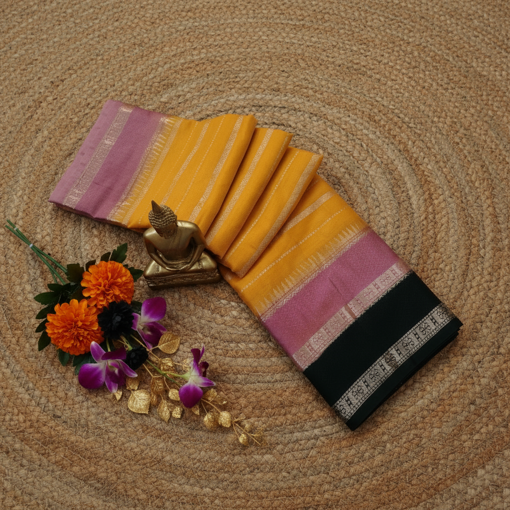 Mango Yellow Colour with brocade Dark Green blouse Warm Silk 3D Saree