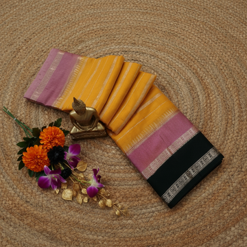Mango Yellow Colour with brocade Dark Green blouse Warm Silk 3D Saree