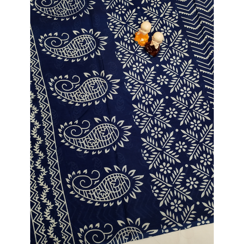 Navy Blue Handblock Print Mul Mul Cotton Saree
