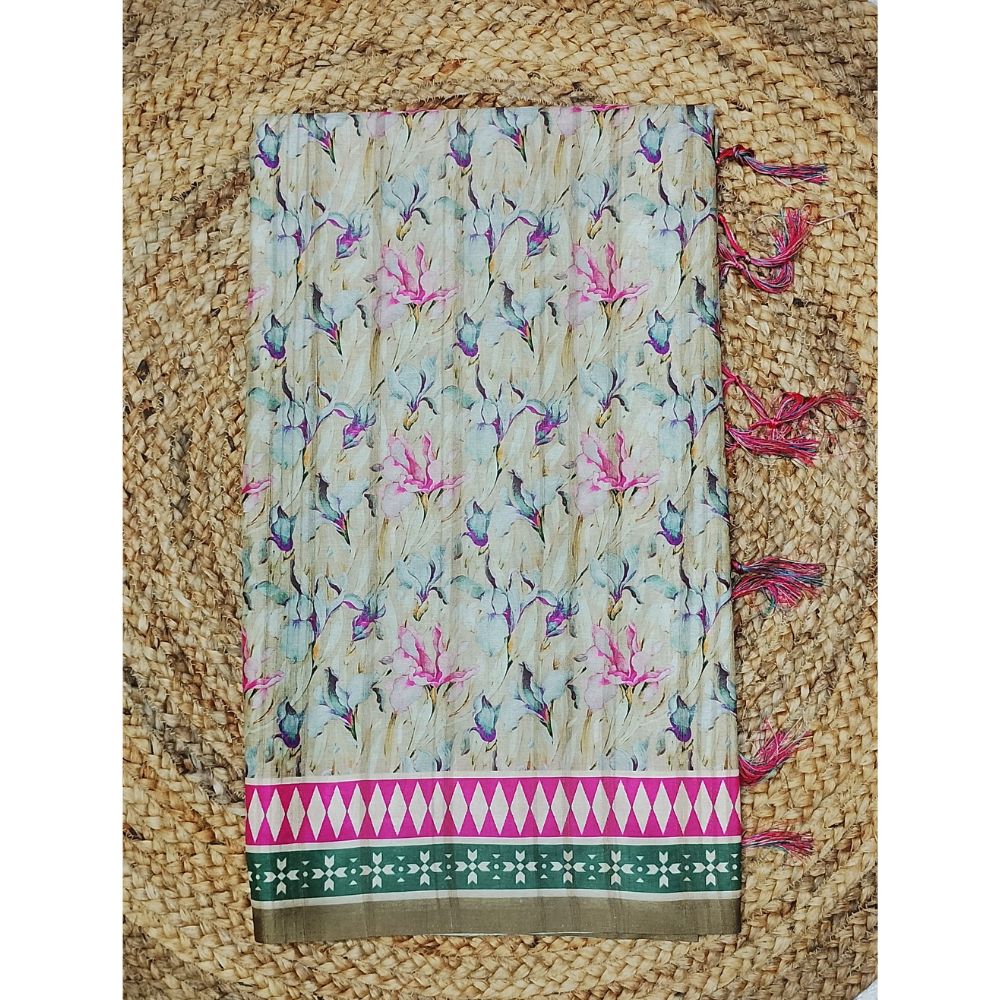 Mehandhi Green n Half White combination Semi Tusser Saree