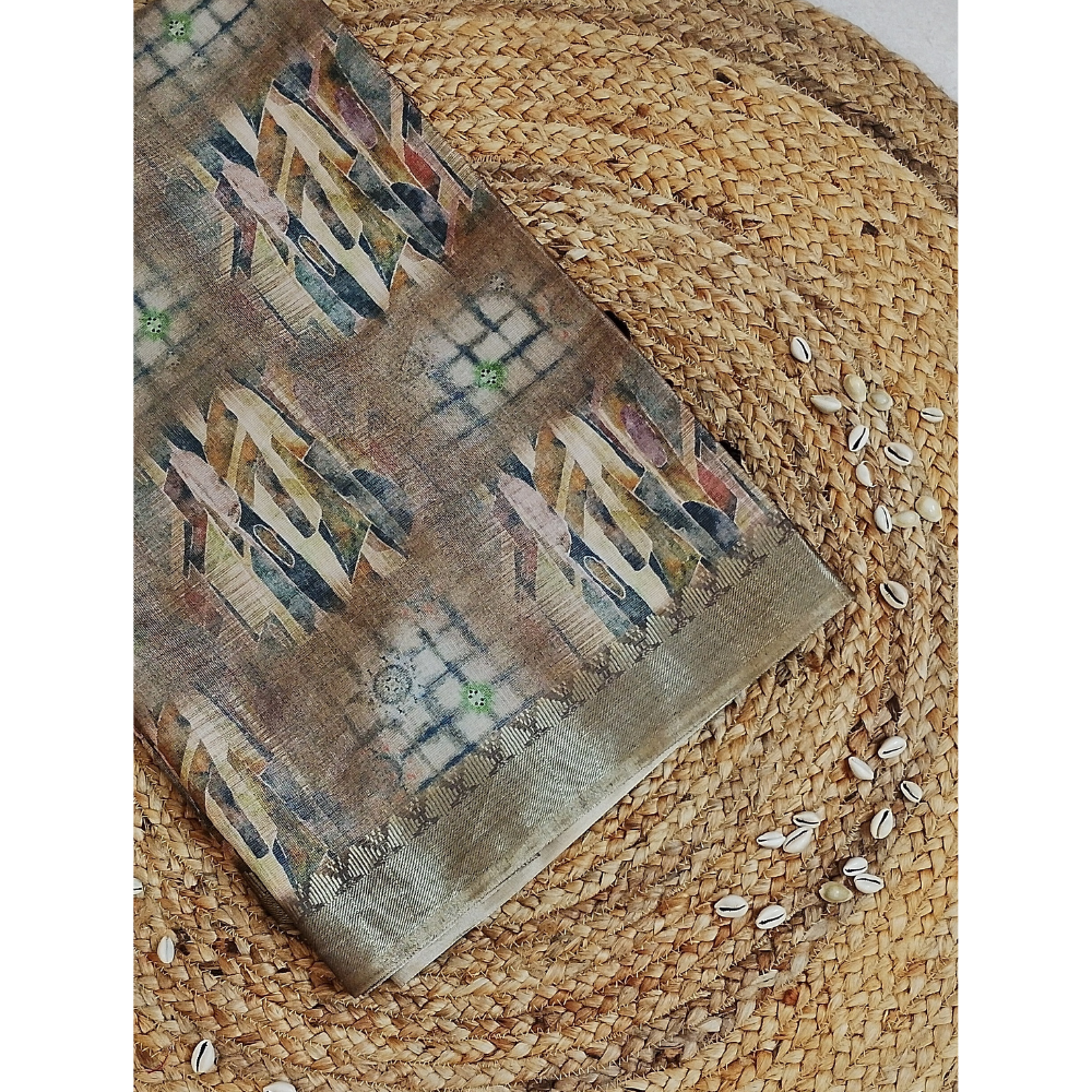 Light Golden Brown Geometric pattern Linen Digital Saree