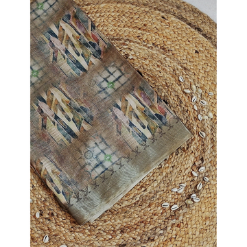 Light Golden Brown Geometric pattern Linen Digital Saree