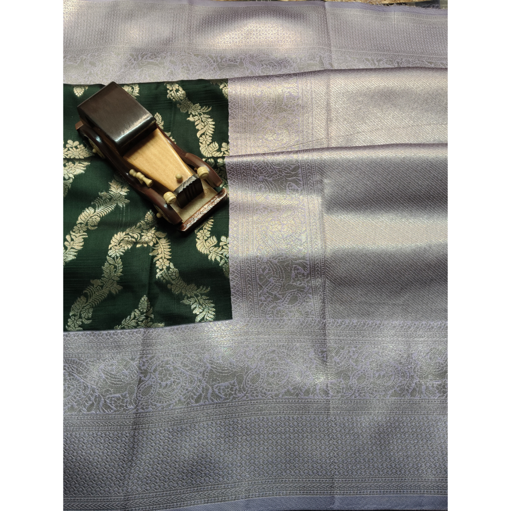 Trending Dark Green Necklace Saree With Contrast Lilac Brocade Pallu n Blouse