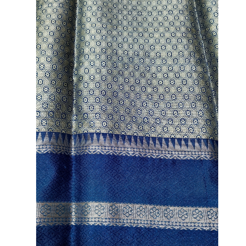 Dark brown Colour with brocade Ink Blue blouse Warm Silk 3D Saree