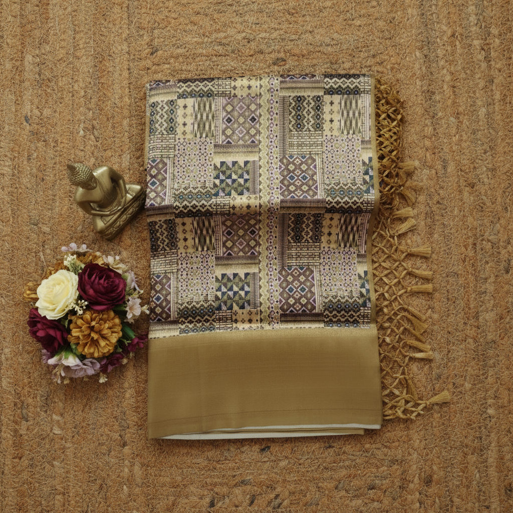 Cream colour with gold combination Softy Digital Print Silk Saree