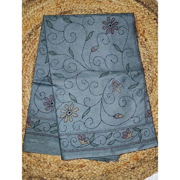Grey colour kantha work Tusser Saree