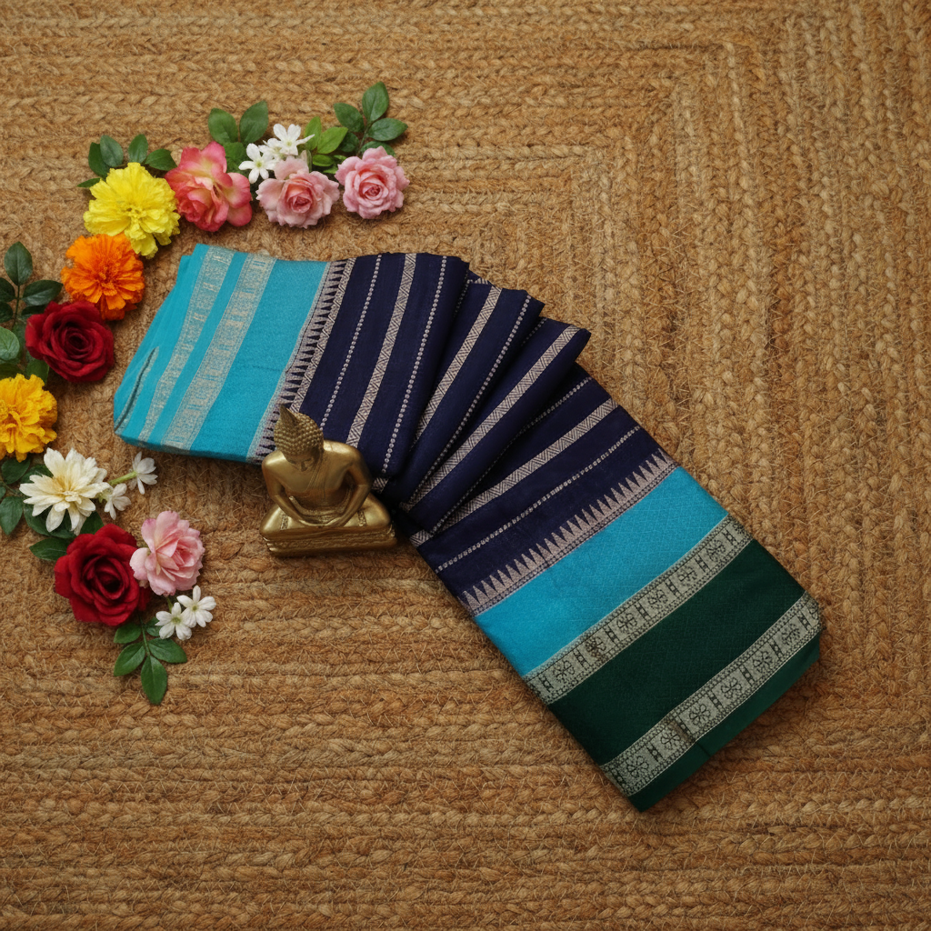 Navy Blue Colour with brocade Dark Green blouse Warm Silk 3D Saree