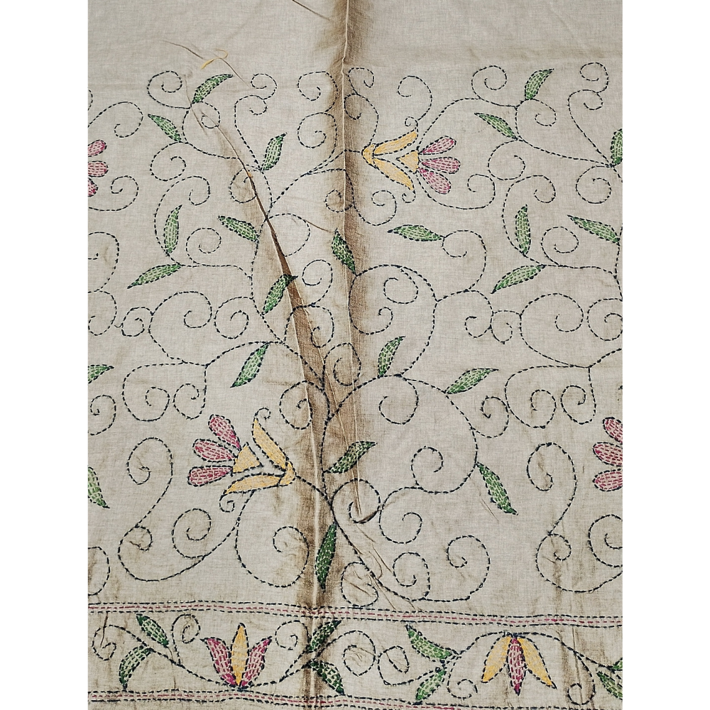 Light Chocolate Brown Colour kantha Work Tusser Saree