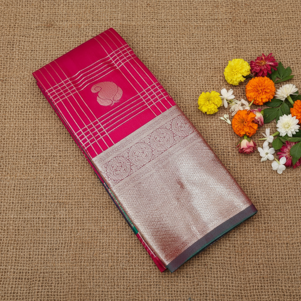 Bright Pink Colour with Green blouse n pallu Premium Silk Cotton Saree