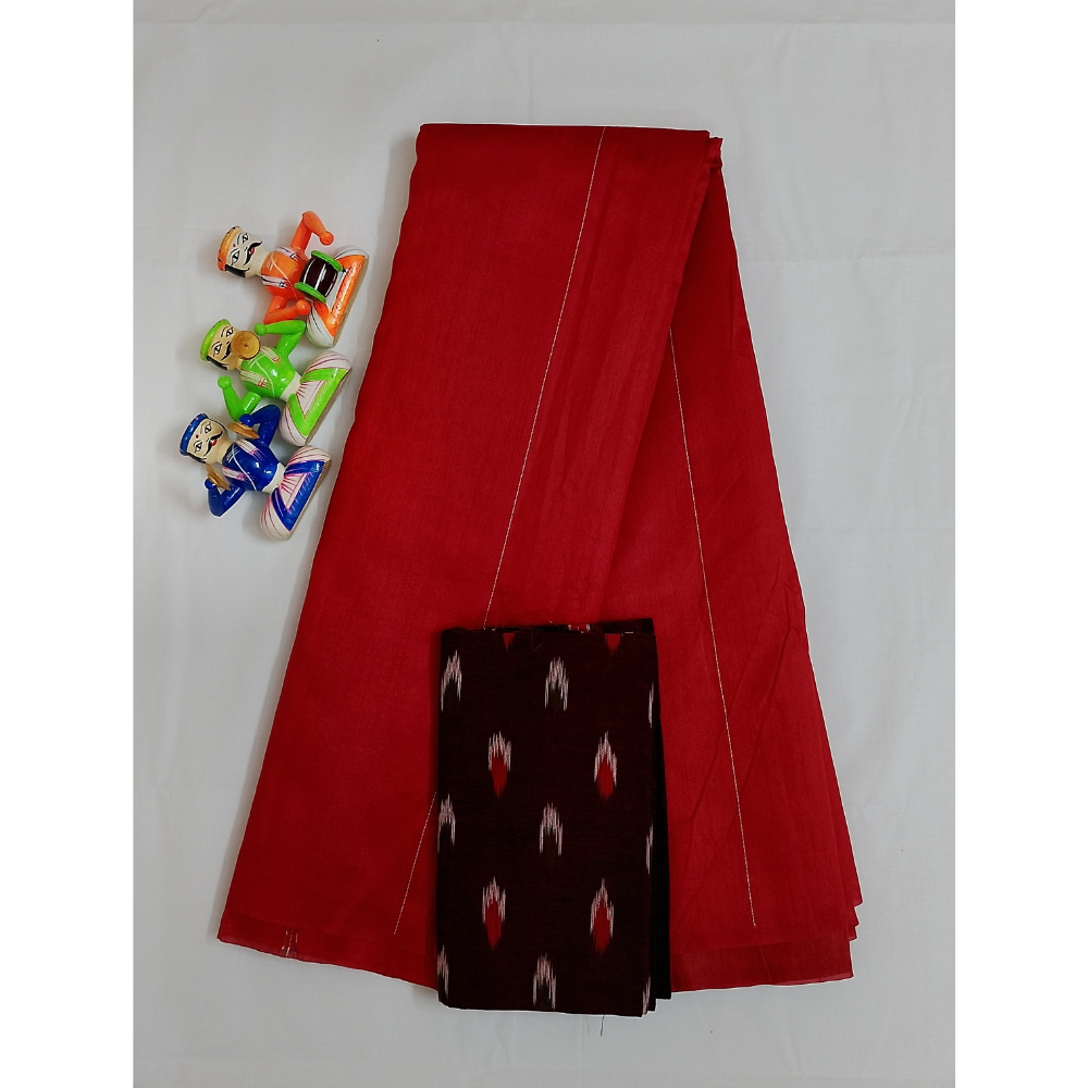 Red Raw Silk Saree with contrast Ikkat Blouse