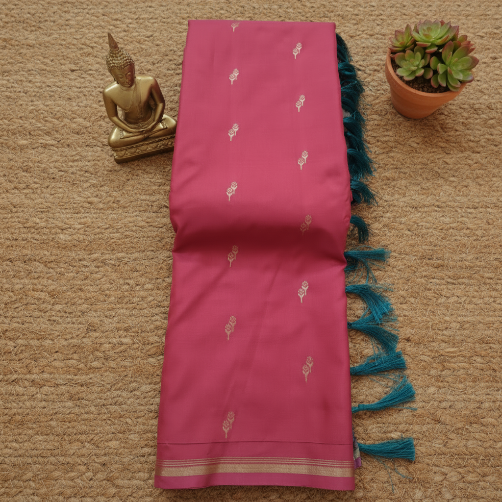Pink colour Peacock Green blouse n pallu Semi Soft Silk Saree
