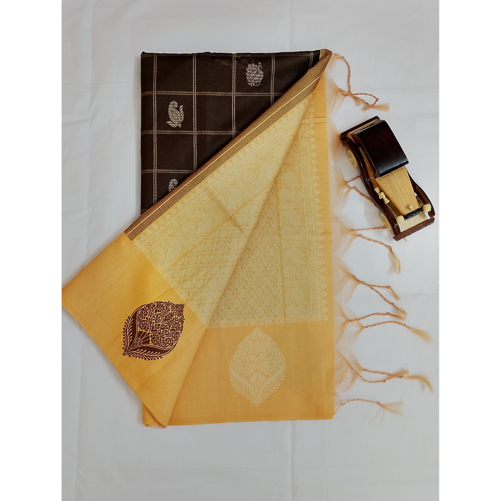 Brown with Peach Cream Border Pallu Blouse Semi Tusser Saree