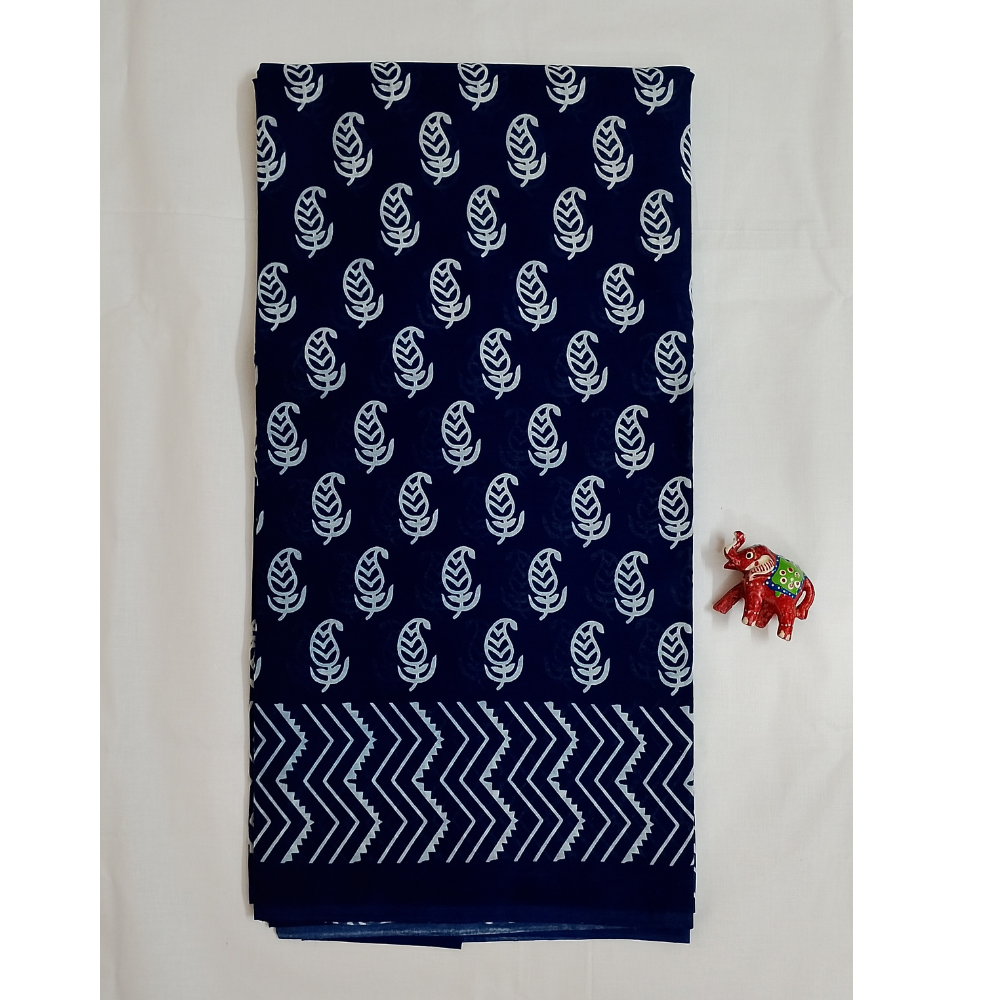 Navy Blue Handblock Print Mul Mul Cotton Saree