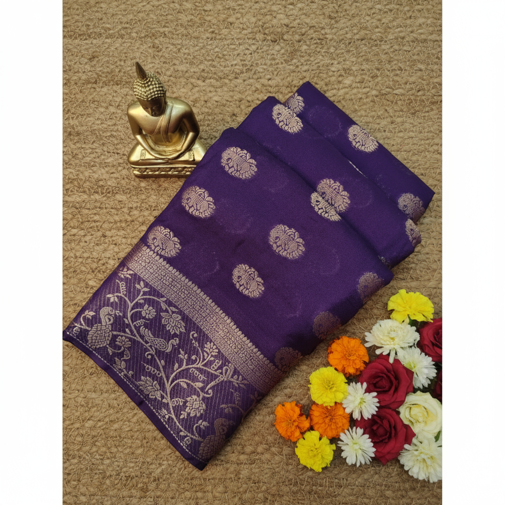 Purple Saree with contrast blouse retro Georgette Semi Silk Saree