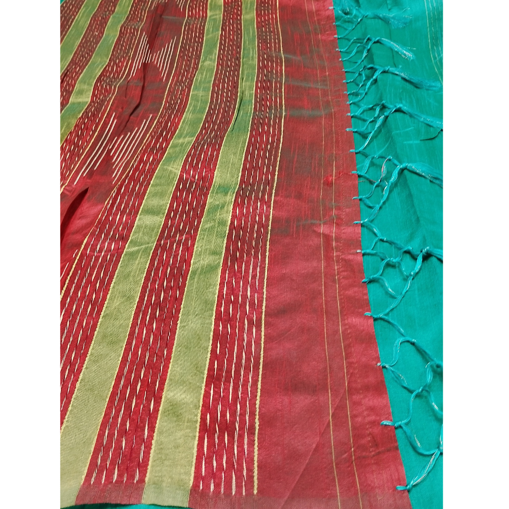 Green Raw Silk Saree with contrast Ikkat Blouse