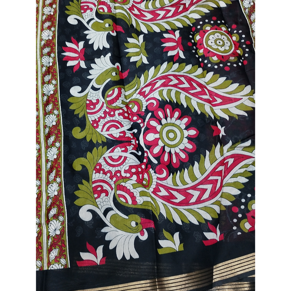 Bright Pink Saree with Red Blouse N Pallu Kalamkari Designs Linen Cotton Saree