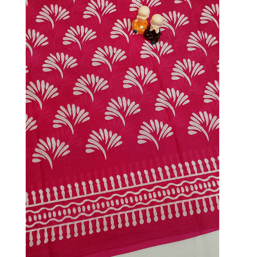 Bright Pink Handblock Print Mul Mul Cotton Saree