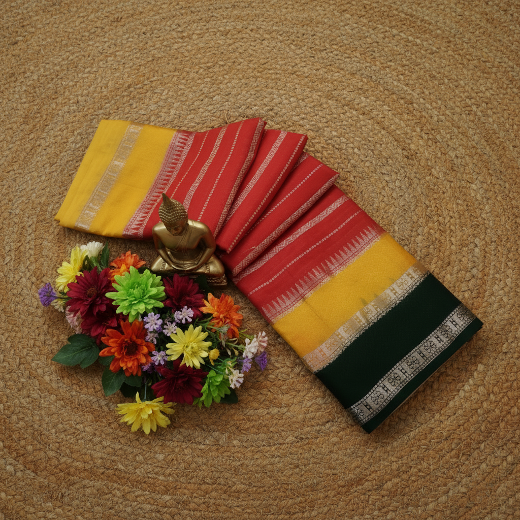 Red Colour with brocade Dark Green blouse Warm Silk 3D Saree