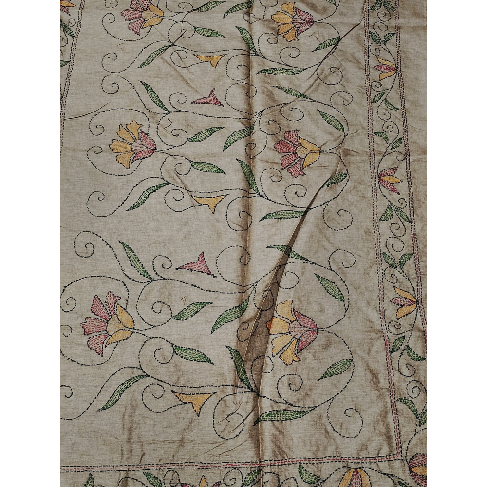 Light Chocolate Brown Colour kantha Work Tusser Saree