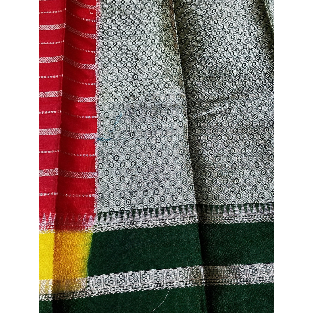 Red Colour with brocade Dark Green blouse Warm Silk 3D Saree