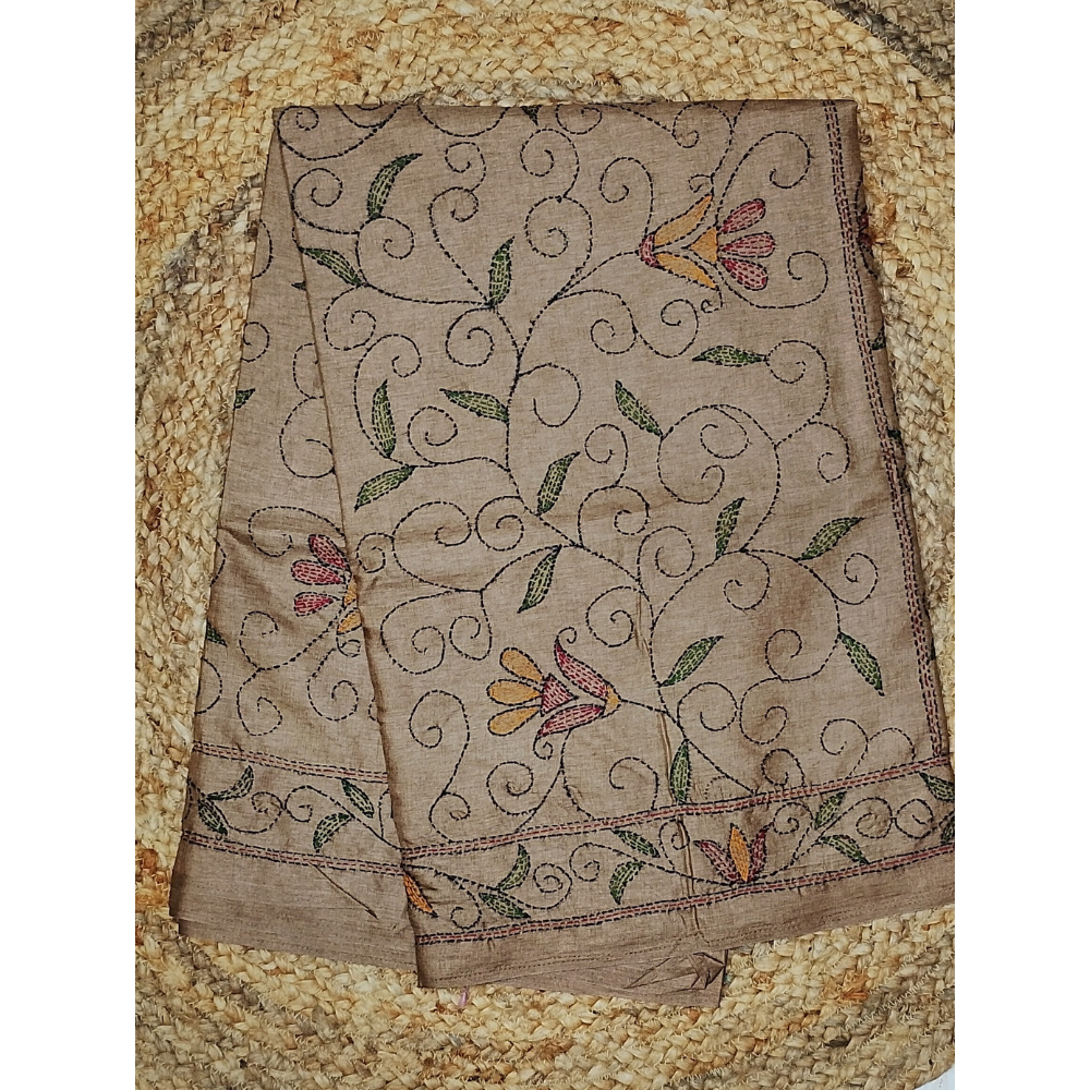 Light Chocolate Brown Colour kantha Work Tusser Saree