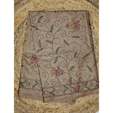 Light Chocolate Brown Colour kantha Work Tusser Saree