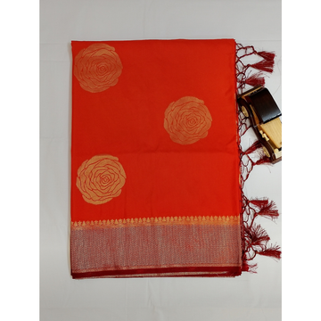 Bright Orange with Maroon border pearl viscose sarees with floral motifs