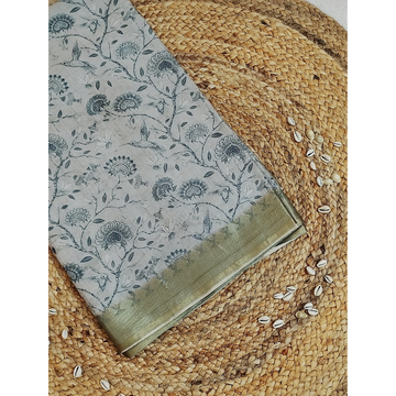 Ash Grey colour Floral design Linen Digital Saree