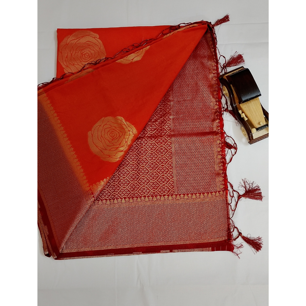 Bright Orange with Maroon border pearl viscose sarees with floral motifs