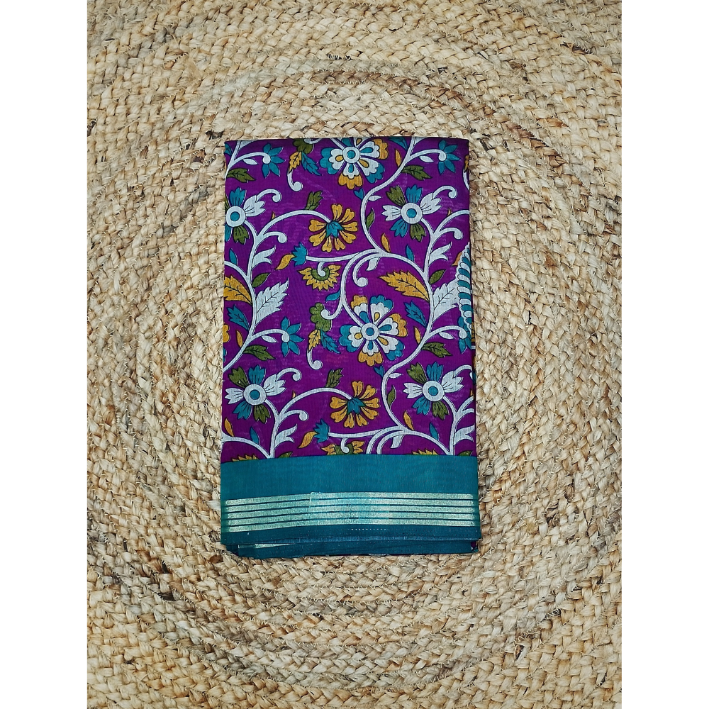 Violet Saree with Rama Green Blouse N Pallu Kalamkari Designs Linen Cotton Saree
