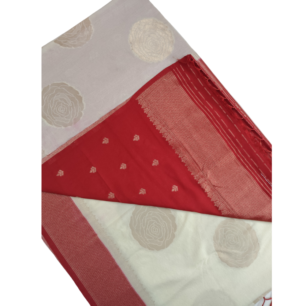 Pearl white with red border pearl viscose sarees with floral motifs