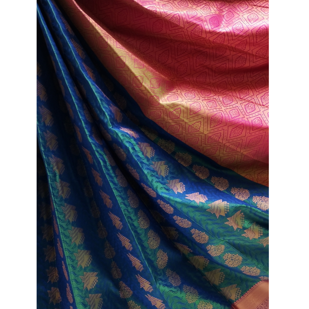 Peacock Green n Blue Colour combination Semi Art Silk Saree