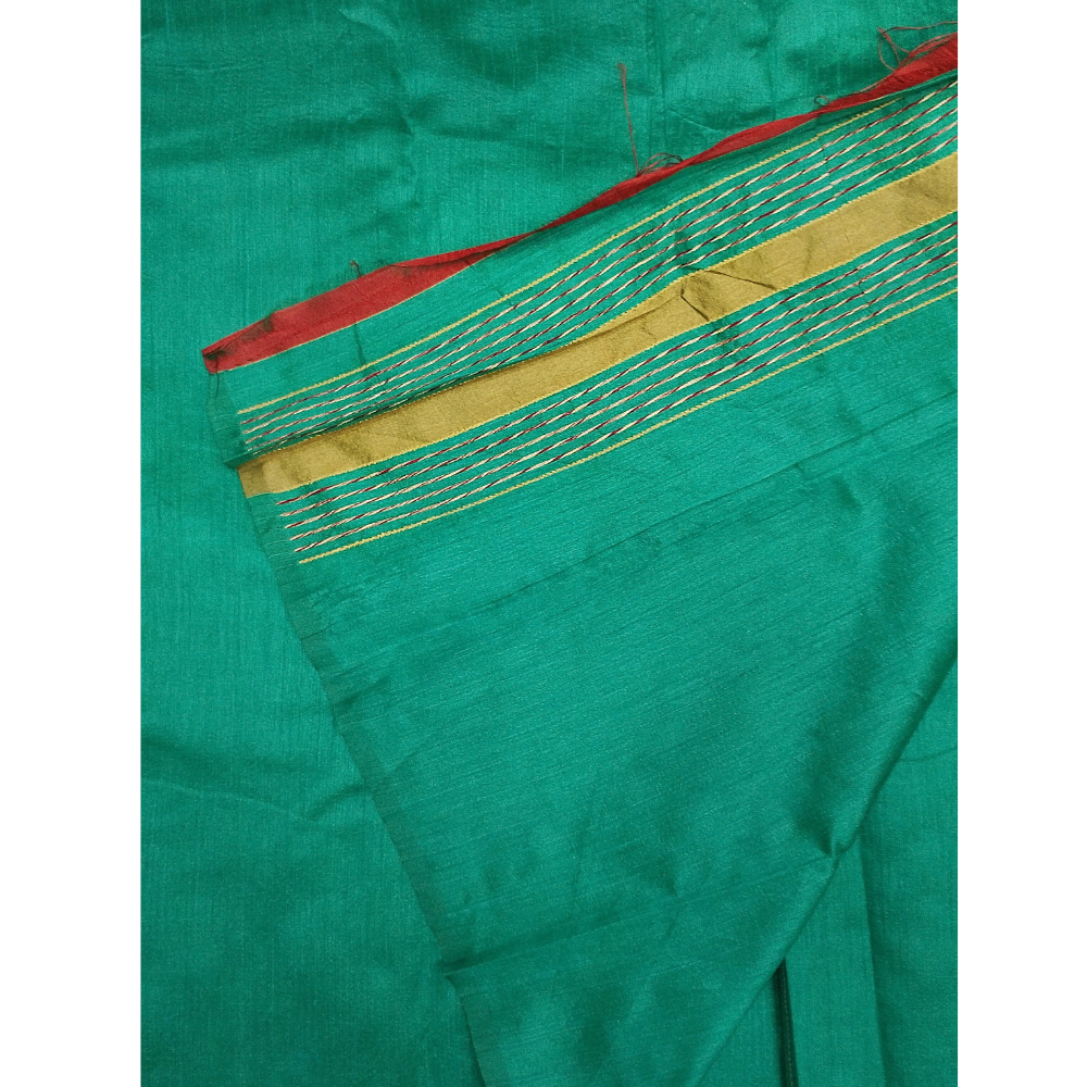 Green Raw Silk Saree with contrast Ikkat Blouse
