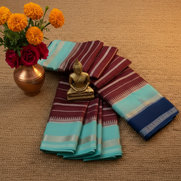Dark brown Colour with brocade Ink Blue blouse Warm Silk 3D Saree