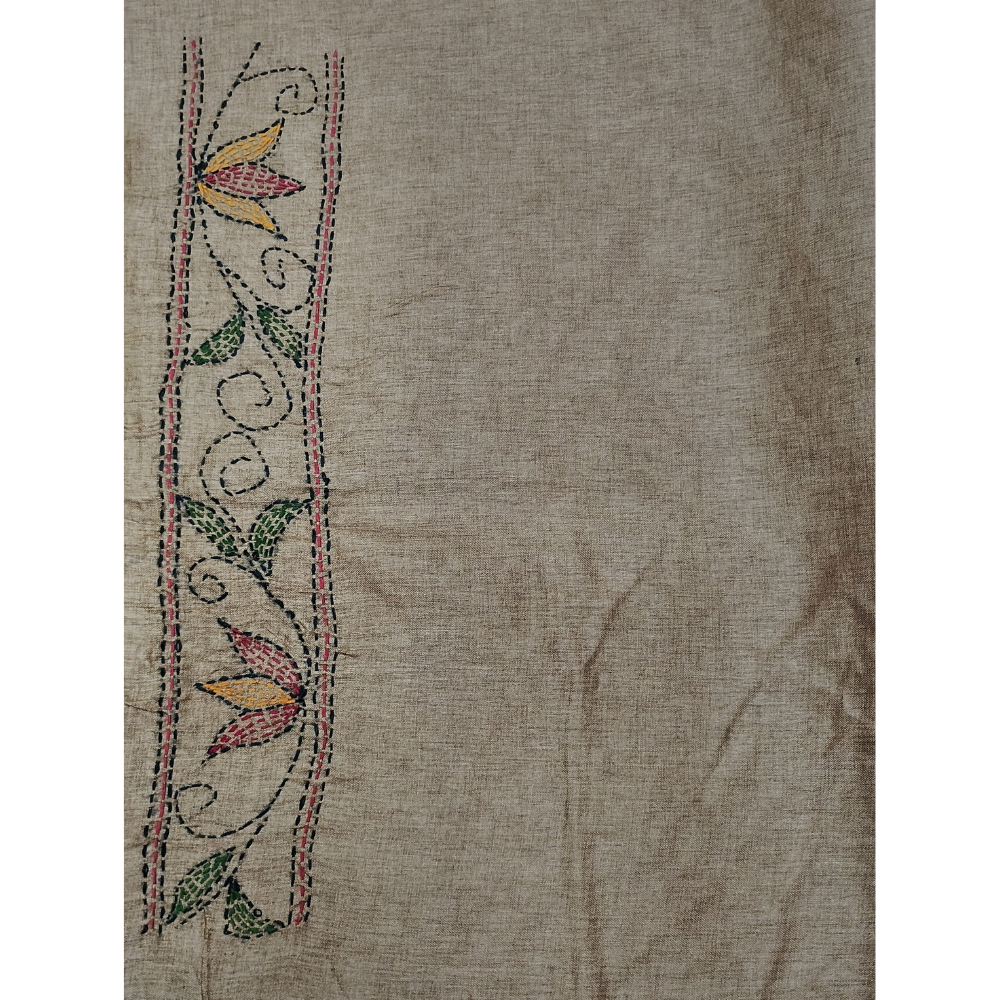 Light Chocolate Brown Colour kantha Work Tusser Saree