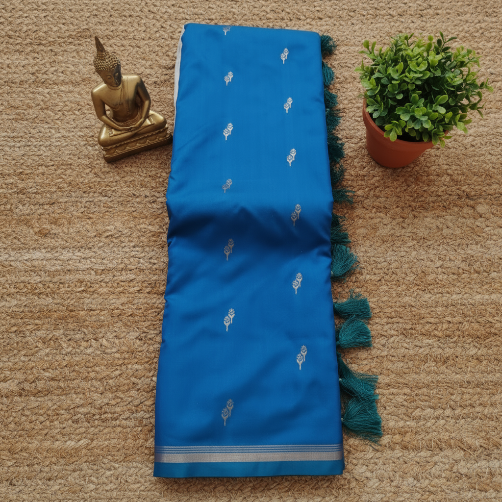 Blue colour with Green blouse n pallu Semi Soft Silk Saree