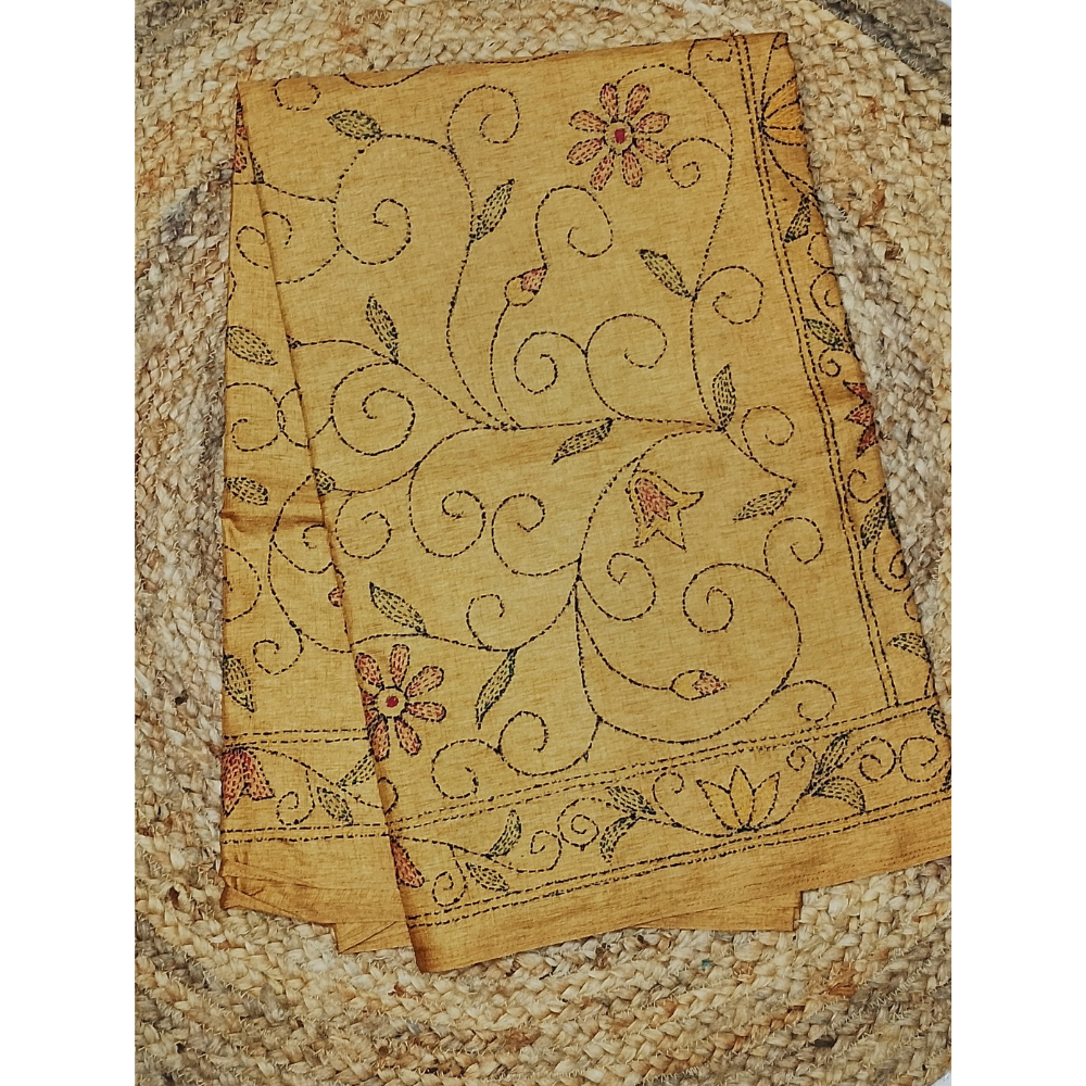 Mustard Yellow colour Kantha Work Tusser Saree