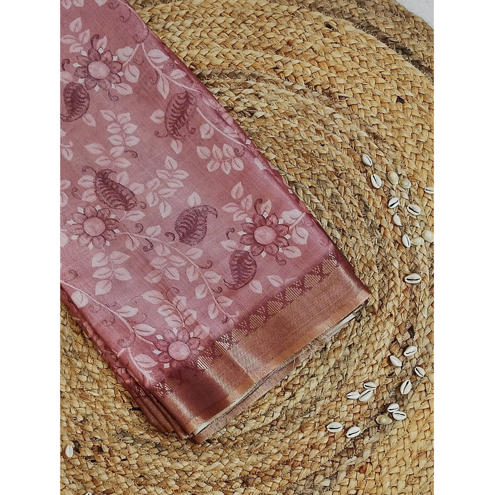 Light Brick Colour Floral pattern Linen Digital Sarees