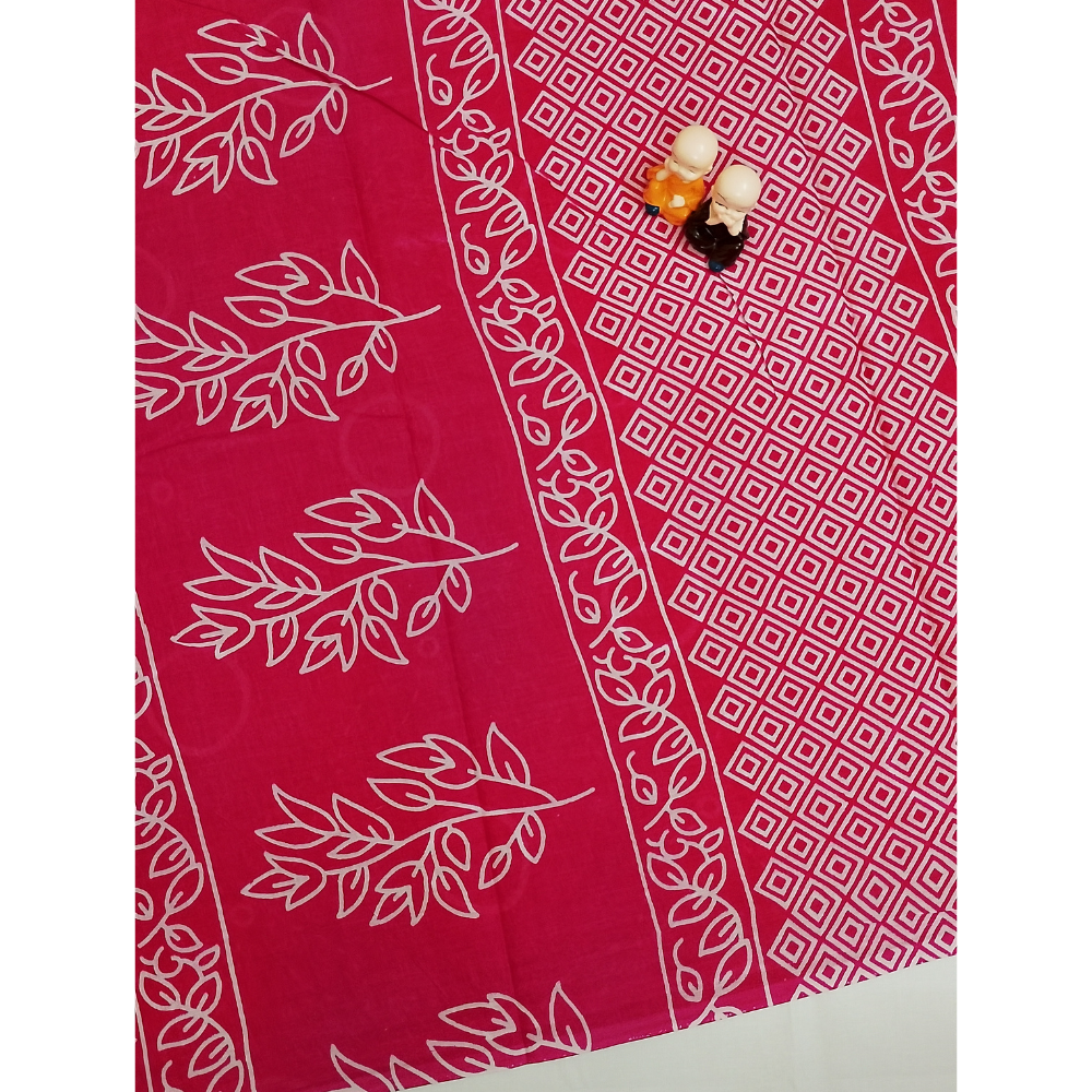 Bright Pink Handblock Print Mul Mul Cotton Saree