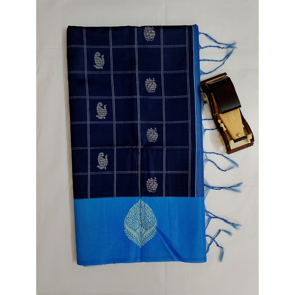Navy Blue with Sky Blue Border Pallu n Blouse  Semi Tusser Saree