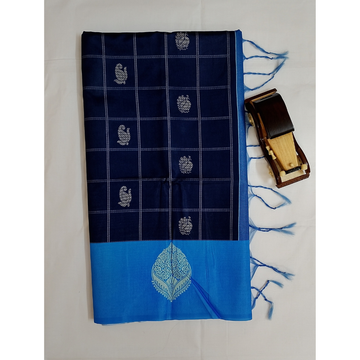 Navy Blue with Sky Blue Border Pallu n Blouse  Semi Tusser Saree