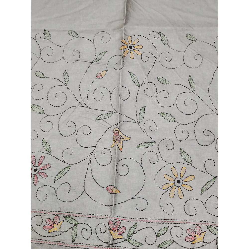 Grey colour kantha work Tusser Saree