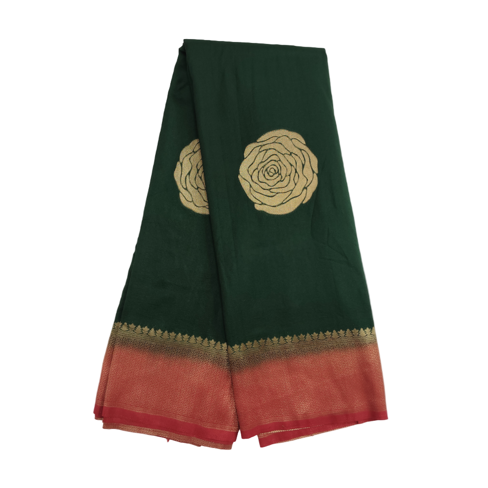 Dark green with red border pearl viscose sarees with floral motifs