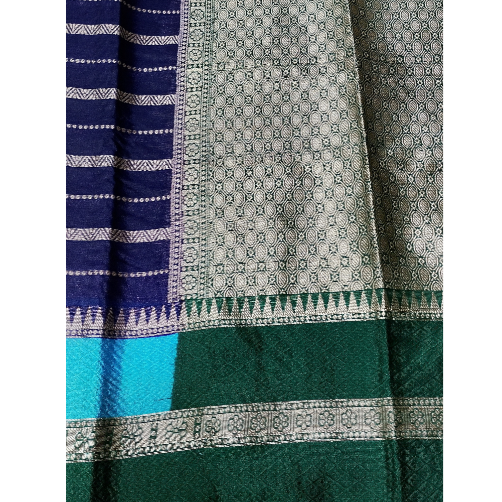 Navy Blue Colour with brocade Dark Green blouse Warm Silk 3D Saree