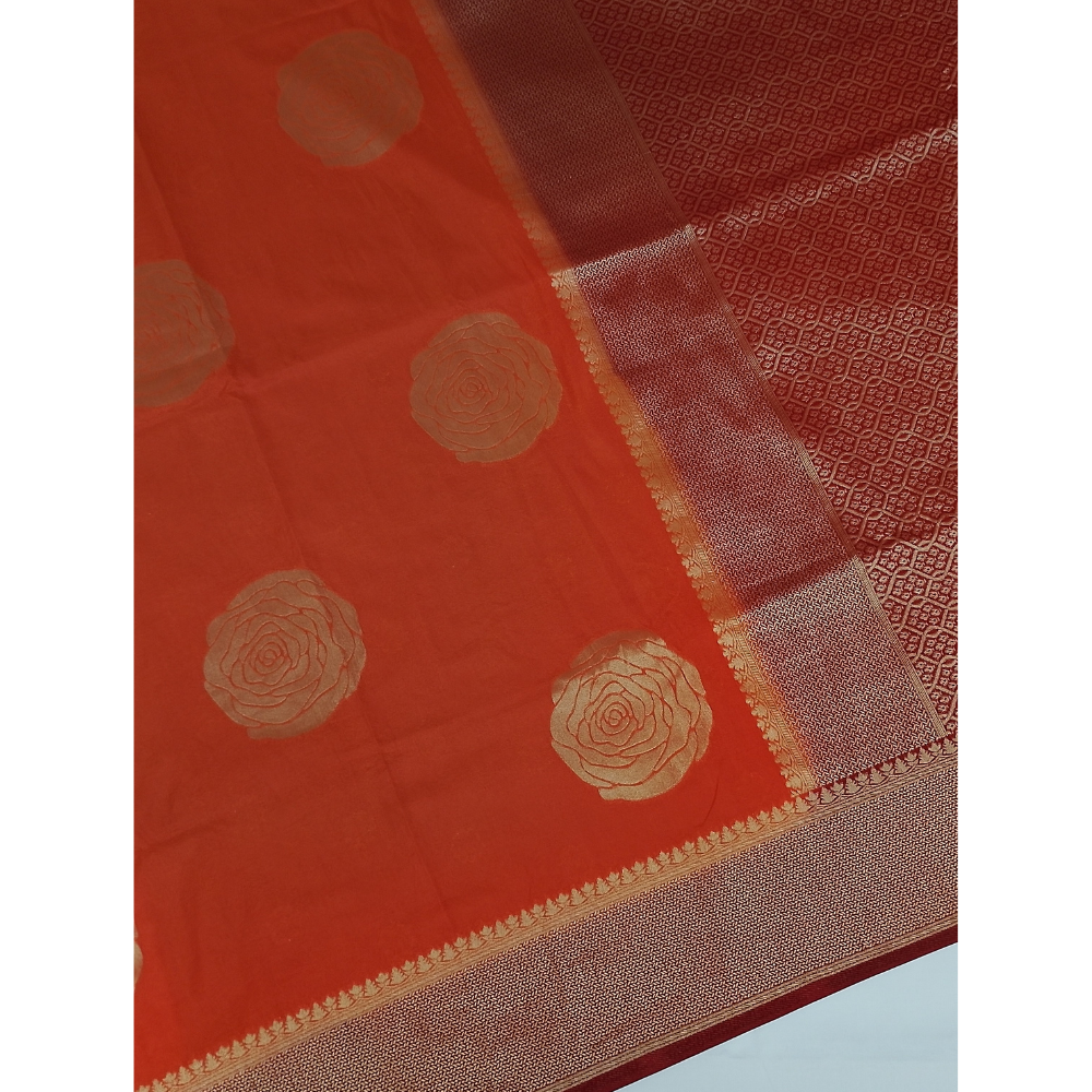 Bright Orange with Maroon border pearl viscose sarees with floral motifs